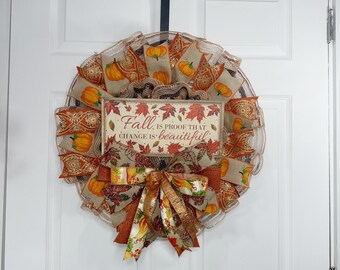 Pumpkin Fall Wreath with glitter leaves, glam Fall, Rustic Farmhouse Autumn Door Decor, Mesh Wreath for Front Porch, Thanksgiving