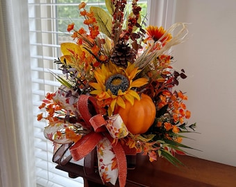 Fall Centerpiece, Fall arrangement, Faux Floral Gift, Fall Decor, Thanksgiving, natural, pumpkin, bow, pumpkin, sunflower
