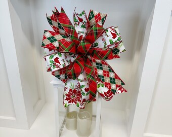 Christmas Bow with Cardinals and Plaid, Holiday Tree Topper Bow, Red Green Gold Christmas Wreath Bow, Door Swag Bow, Winter Decoration