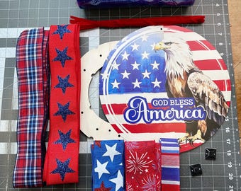 Patriotic Eagle Welcome, Pancake Petite wreath kit, DIY wreath, Front door wreath KIT, 10 inch frame, wreath kit, Patriotic door, American