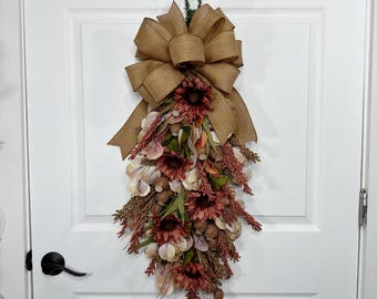 Rustic Neutral Fall Swag with Burlap Bow and Earthy Florals, Cozy Autumn Door Decor, Thanksgiving swag, Sunflower, Burlap Bow