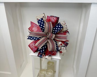 Patriotic Americana Firework Bow, Handmade 4th of July Door Bow, red white and blue bow, star, wreath bow, mail box bow, large, celebration