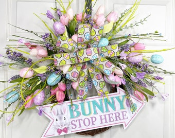 Bunny stop Wreath for front door, Spring, Wreath, Fun Wreath, Patio, party, gift, floral, decor,