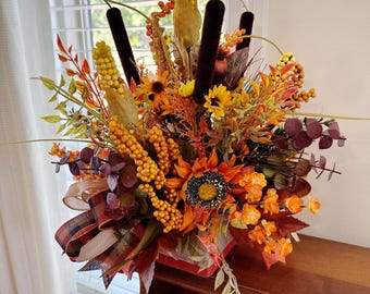 Fall Centerpiece, Fall arrangement, Faux Floral Gift, Fall Decor, Thanksgiving, natural, pumpkin, bow, corn