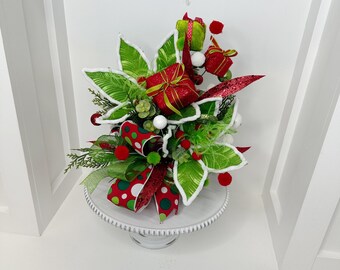 Christmas Centerpiece, Christmas arrangement, Faux Floral Gift, Christmas Decor, Winter, natural, poinsettia, bow