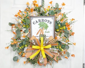 Spring Carrot Wreath - Rustic Farmhouse Door Decor with Bunny Accents for Easter and Seasonal Home Decoration