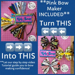 May include: A Kidz:Bowz tool kit with various patterned ribbons and pipe cleaners, shown alongside finished decorative bows. The image includes text stating **Pink Bow Maker INCLUDED**, Turn THIS, and Into THIS, with arrows pointing to the finished bows.