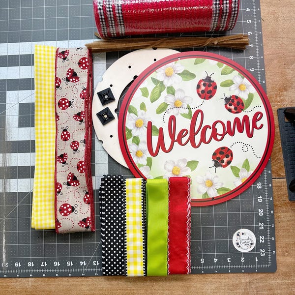 Lady Bug Welcome, Pancake Petite wreath kit, Spring, DIY wreath, Front door wreath KIT, 10 inch frame, Lady Bug, wreath kit, garden