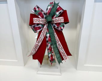 Red Cardinal Christmas Bow with Holly Berries and Buffalo Plaid, Holiday Lantern Bow, Cardinal Bow for Mailbox or Wreath
