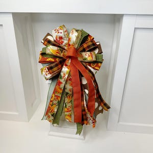 Fall Harvest Farmhouse Bow, Autumn Wreath Bow, Thanksgiving Door Decor, Pumpkin Bow, Rustic Fall Bow for Lanterns, Leaves, Gourds, Plaid