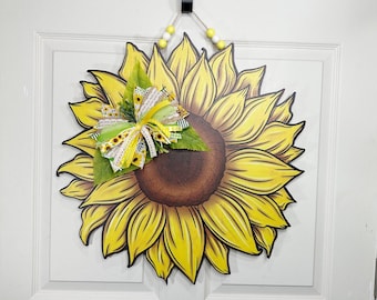Hello Sunshine Sunflower Door Hanger with Bow, Summer Front Door Decor, Summer Fall Porch Decor, Farmhouse Welcome Door Accent