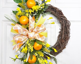 Orange summer front door wreath, Spring Wreath, porch decor, Fruit, grapevine