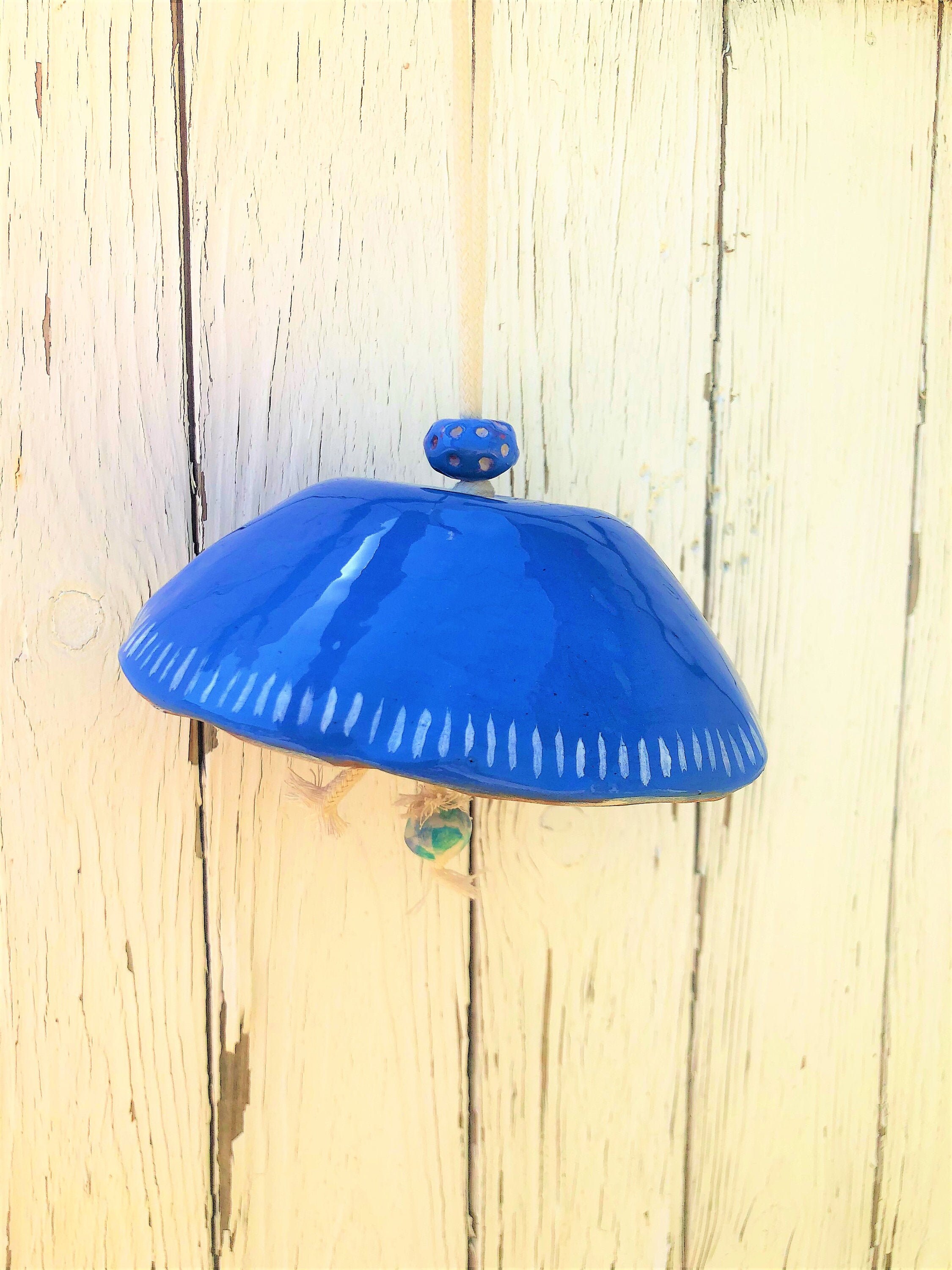 Cloche Boho de Jardin en Céramique, Pâques, Décoration Terrasse Balcon, Cloche Bleue, Suspension