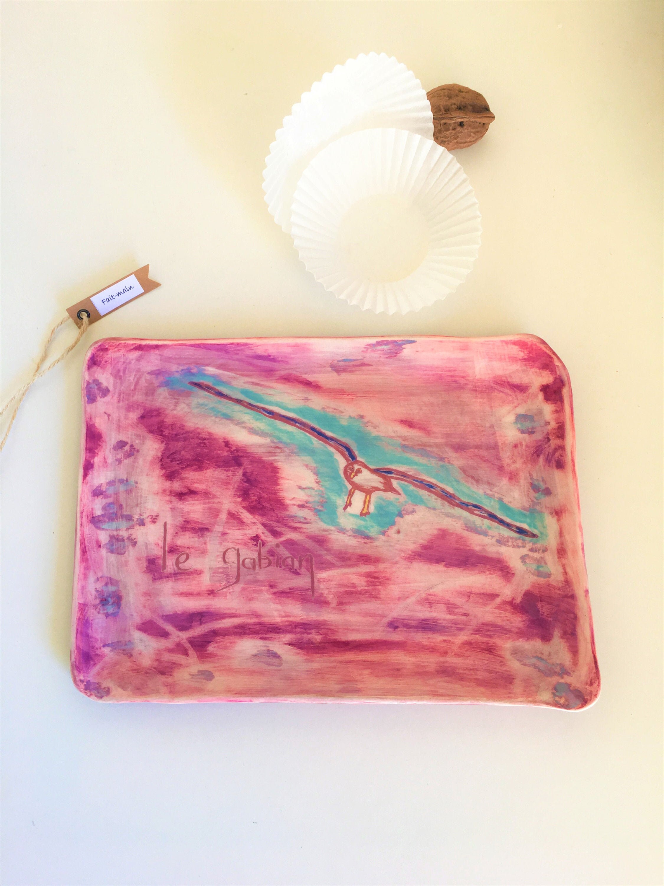 Plateau à Sushis Rectangulaire en Céramique Fait-Main, Poterie Artisanale, Plat de Service, Plateau 