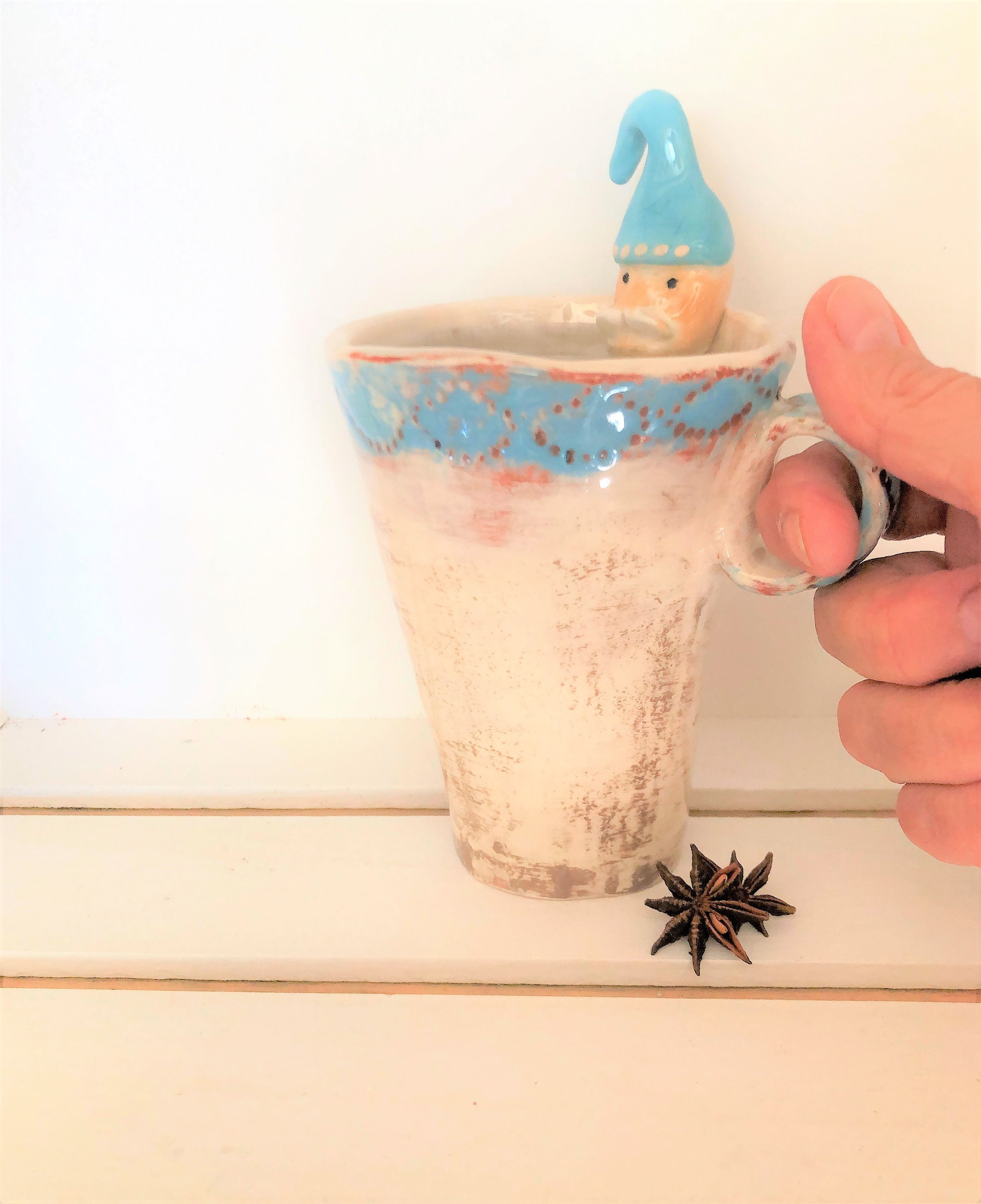 Mug Xxl avec Touillette Céramique Fait-Main, Mug à Thé en Céramique, Grand Verre Café, Maison