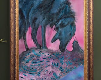 May include: An original painting of a dark blue wolf with a pink background, framed in a gold-toned frame. The wolf is depicted in a stylized manner, with a focus on texture and form. The artwork is displayed on a wooden surface.