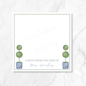 Personalized Teacher Notepad with Topiary and Chinoiserie Pot, Blue Floral Notepad, Grandmillennial design, Teacher Appreciation Gift