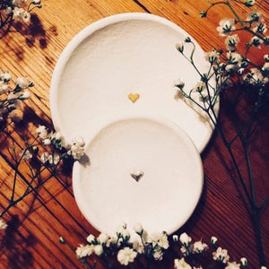 Handmade White Clay with inlaid gold heart Ring Dish/Jewellery Dish/Trinket Dish
