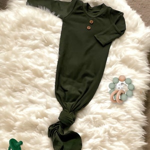 Knotted Gown (Olive Green), gender neutral gown, newborn gown, take home outfit, green gown, knot gown, personalized newborn oufit