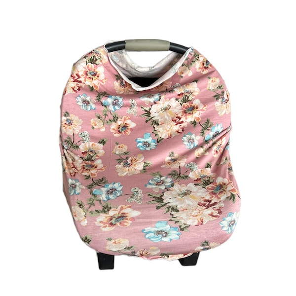 Car seat Cover (Dusty Rose), nursing cover, floral nursing cover, floral carseat cover, stretchy cover, blue flowers, pink flowers