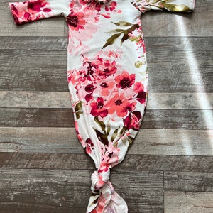 Knotted Gown (Pink Floral), baby girl gown, floral knotted gown, take home outfit, baby girl clothes, newborn outfit, knot gown