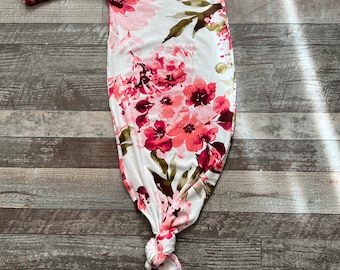 Knotted Gown (Pink Floral), baby girl gown, floral knotted gown, take home outfit, baby girl clothes, newborn outfit, knot gown