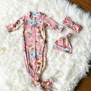 Knotted Gown Set (Dusty Rose), Knot Gown Set, Personalized Newborn Outfit