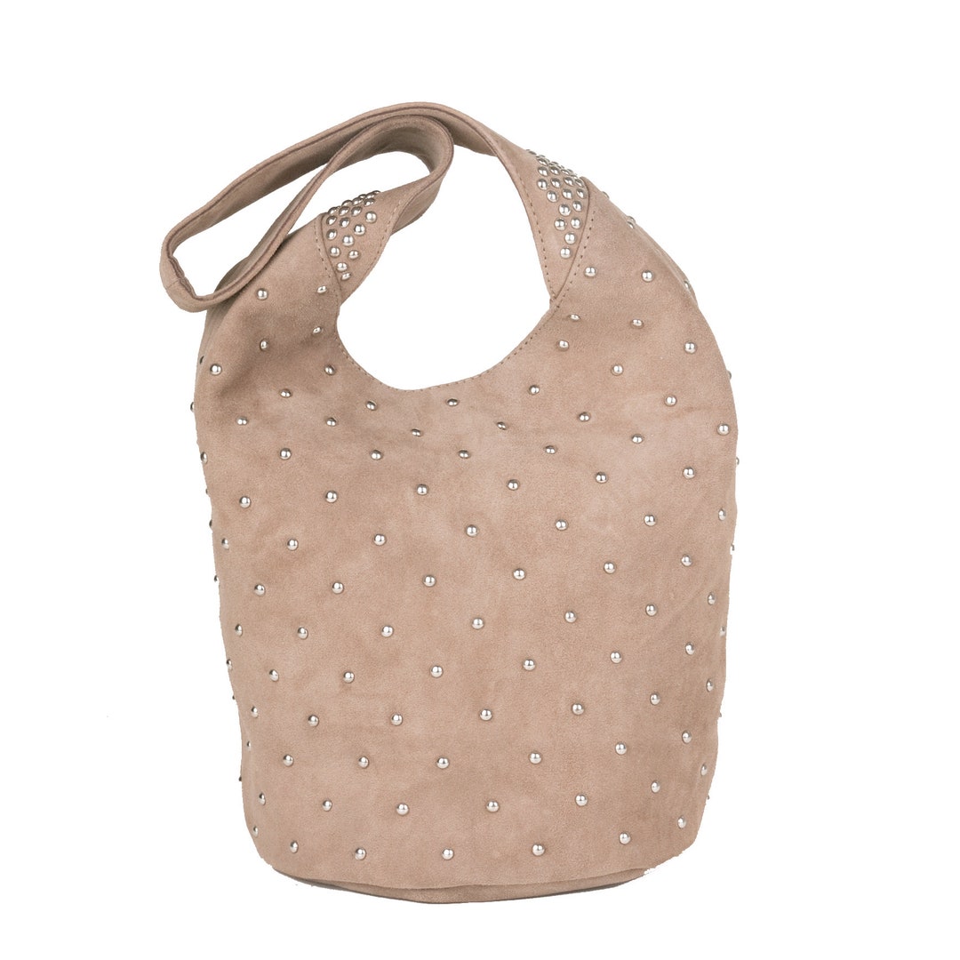 ショルダーバッグ・ポシェット Suede Studded Mini Bag Beige Gem - Beige Suede Mini Bucket Studded Bag, Leather Hobo Bag