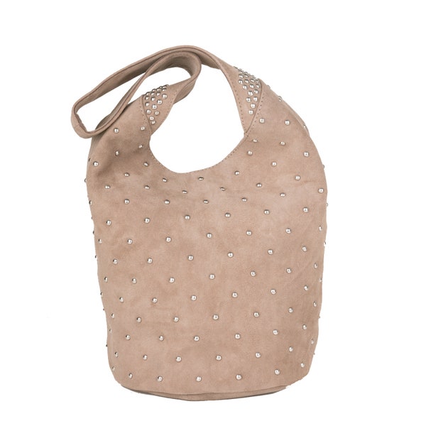 Gem - beige suede mini bucket studded bag, leather hobo bag with silver studs, cute shoulderbag, sac a clous
