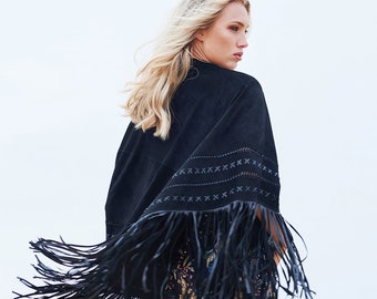 Nadine black, Extra Large luxury Real Suede Fringe Wrap, boho fringe shawl, Western Boho wrap, real leather Fringe wrap, fringe wrap