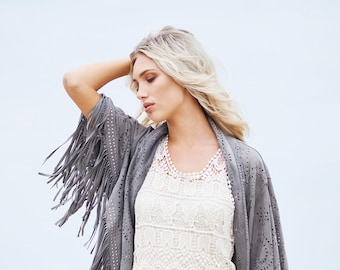 Ema Gray with silver studs, gray luxury Real Suede Fringe Jacket, boho fringe shawl, Western Boho wrap, real suede Fringe wrap, fringe wrap
