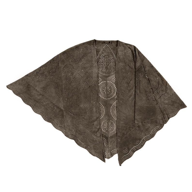 May include: A brown suede cardigan with a delicate cut-out pattern. The cardigan has a relaxed fit and a long, flowing silhouette.