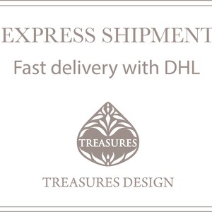 May include: Express shipment with fast delivery via DHL. The image features a grey logo with a stylised drop design and the text "TREASURES" inside the drop. The text "TREASURES DESIGN" is below the logo.