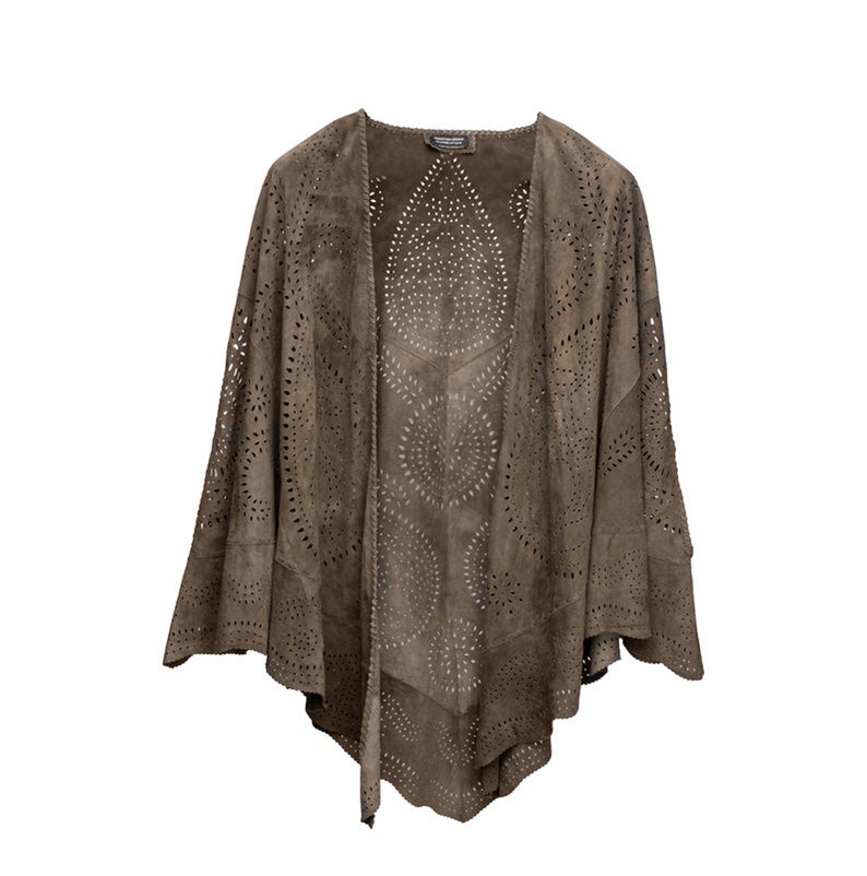 May include: A brown suede cardigan with a cut-out design. The cardigan has a V-neck and long sleeves.