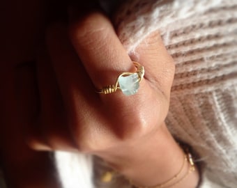 Aurora Ring/Raw Aquamarine Stone/Gold Filled/Wire Wrap