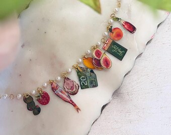 Mediterranean Dream Charm Necklace – 14k Gold Plated, Glass Pearls, Acrylic & Resin Charms