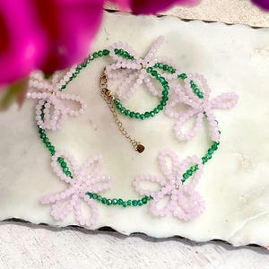 Hand Beaded Flower Necklace: Pink & Green, Gold Filled Extender