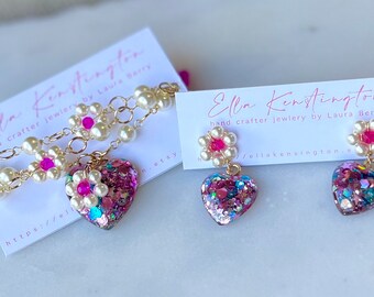 Resin glitter heart, beaded pear flower necklace and earrings