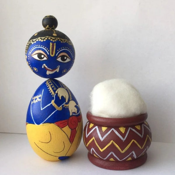 Krishna/ makhan chor/ muñecas golu/ golu bommai/ muñecas janmashtami/ pequeño krishna/ dios indio/ ladrón de mantequilla/ muñeca de madera pintada a mano