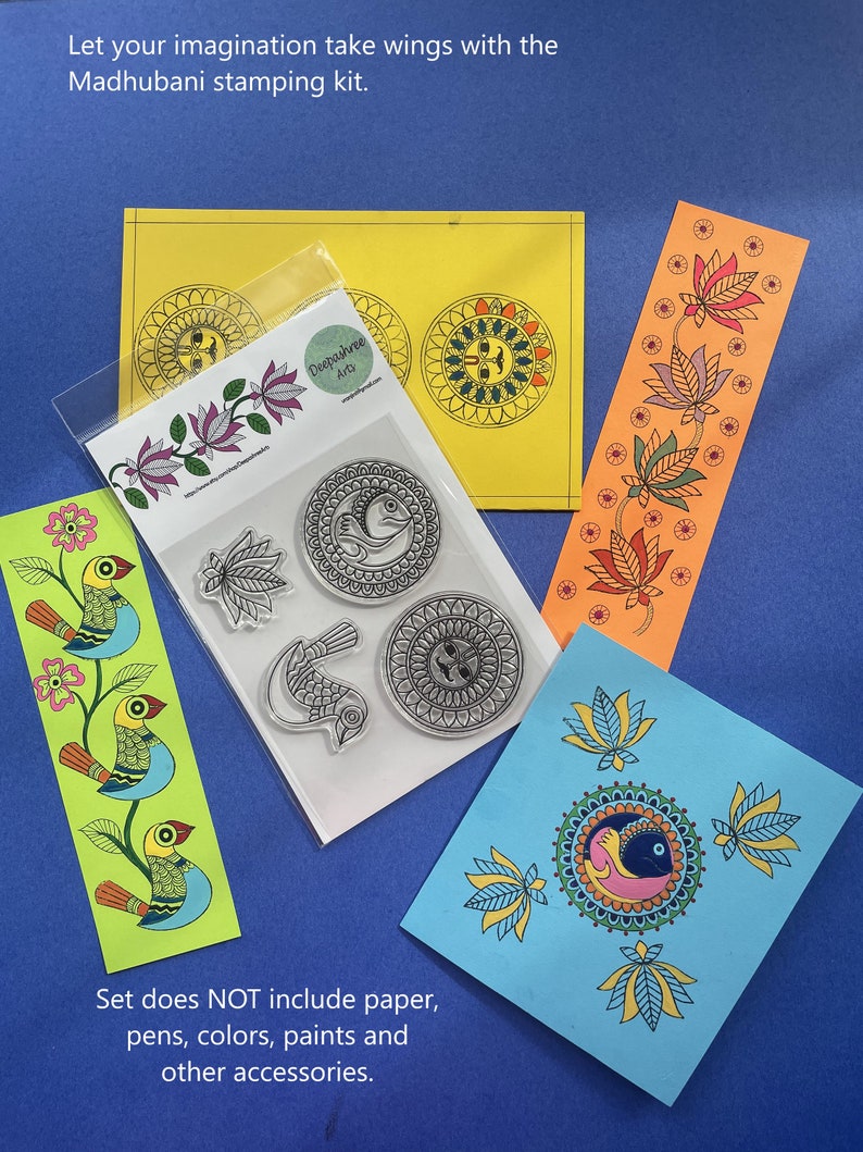 May include: A set of Madhubani stamping kit with four rubber stamps, including a fish, a bird, a mandala, and a floral design. The stamps are on a white background. The set does not include paper, pens, colors, paints, and other accessories.
