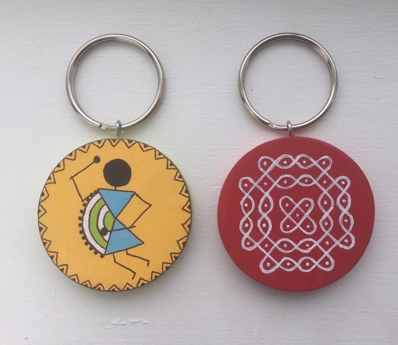 Hand painted key chain/ wooden painted keychain/ gift/ warli Etsy