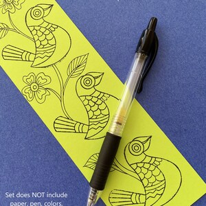 May include: A set of three bird outlines on a yellow background. The birds are stylized with geometric patterns and have large, round eyes. The text "Add your own patterns to create beautiful pictures!!!" is at the top of the image. The text "Set does NOT include paper, pen, colors, paints or other accessories." is at the bottom of the image.
