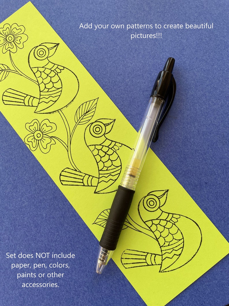 May include: A set of three bird outlines on a yellow background. The birds are stylized with geometric patterns and have large, round eyes. The text "Add your own patterns to create beautiful pictures!!!" is at the top of the image. The text "Set does NOT include paper, pen, colors, paints or other accessories." is at the bottom of the image.