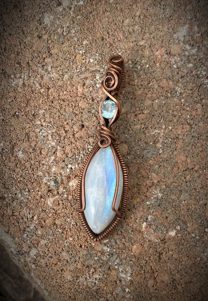 Rainbow Moonstone and Blue Topaz Copper Wire Wrapped Pendant