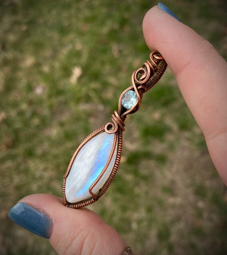 Rainbow Moonstone and Blue Topaz Copper Wire Wrapped Pendant