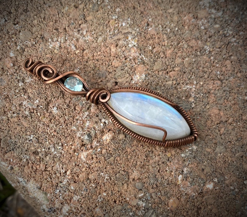 Rainbow Moonstone and Blue Topaz Copper Wire Wrapped Pendant
