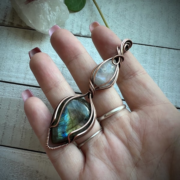 Rainbow Labradorite and Rainbow Moonstone Wire Wrapped Pendant | Labradorite Necklace | Moonstone Necklace | Crystal Healing Necklace