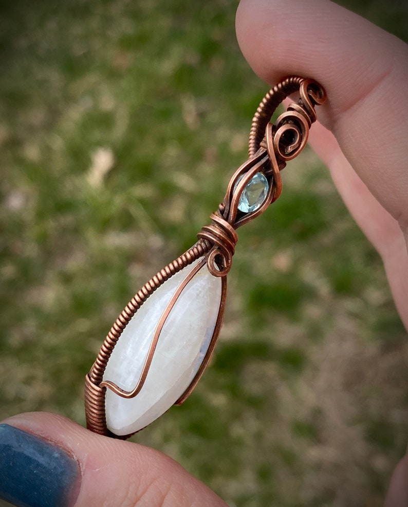 Rainbow Moonstone and Blue Topaz Copper Wire Wrapped Pendant