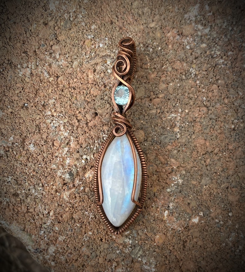 Rainbow Moonstone and Blue Topaz Copper Wire Wrapped Pendant