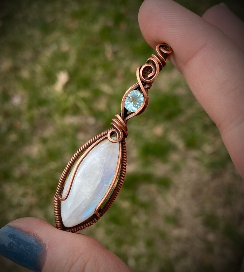 Rainbow Moonstone and Blue Topaz Copper Wire Wrapped Pendant